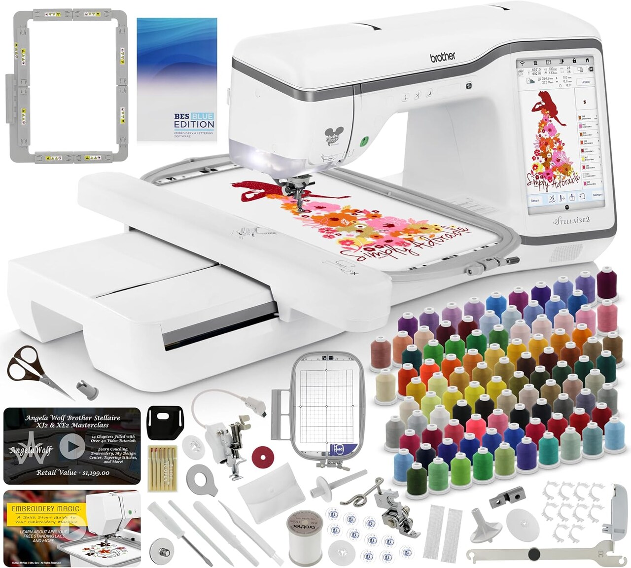 Brother Stellaire Innov-ís XE2 Embroidery Machine, 14" x 9.5" Field Size - Includes BES Lettering Software + Brother Best 100 Embroidery Thread Kit + Magnetic SAMF300 Hoop + Embroidery Magic Video
